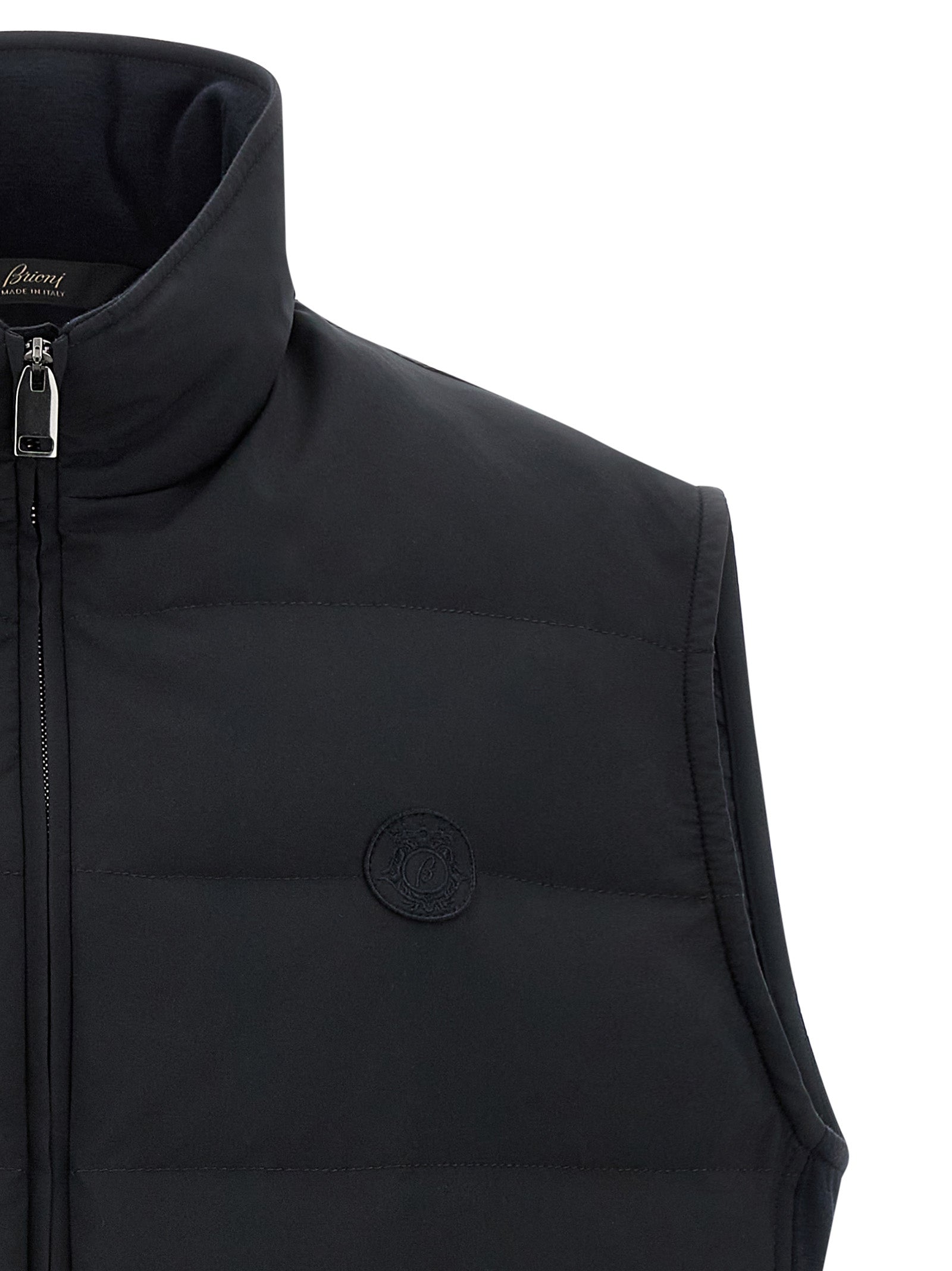 Vest by Brioni for men in goose-down polyester & cashmere blue features a chic silhouette, expertly detailed with a refined and premium pockets & insulated for a truly chic look.