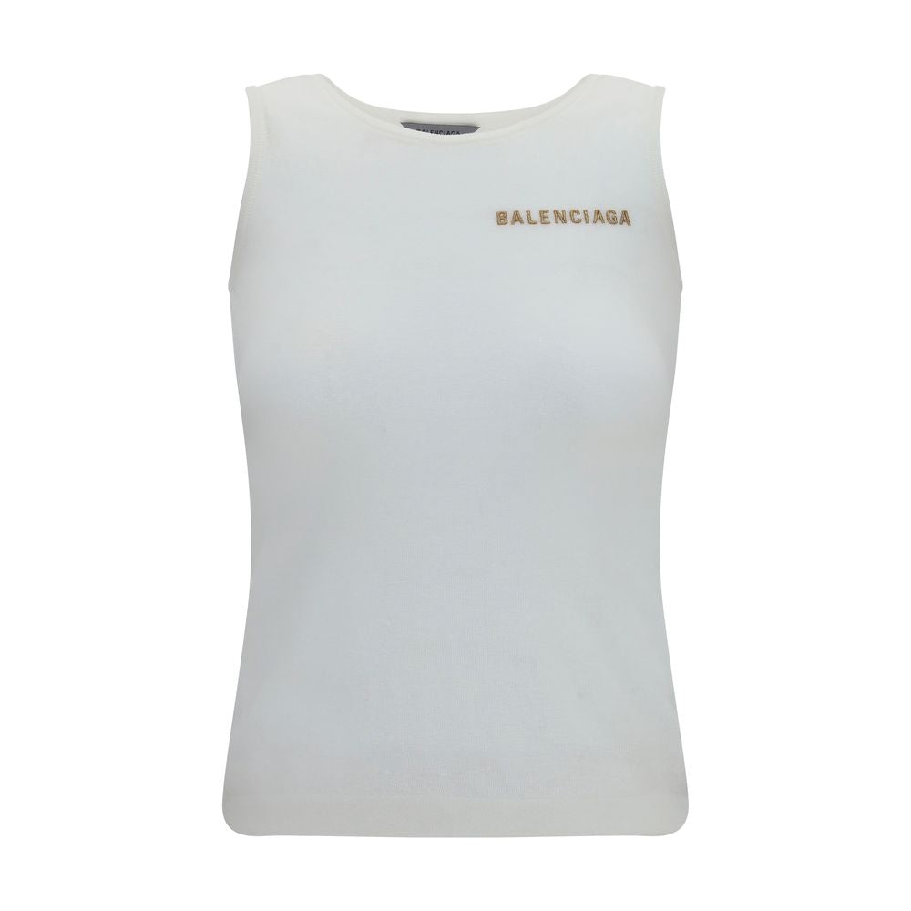 Tank Top by Balenciaga for women in polyamide cotton gold & white features an bespeak silhouette, showcasing an bespeak sleeveless and bespeak crew neckline for a truly sophisticated look.