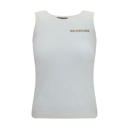 Tank Top by Balenciaga for women in polyamide cotton gold & white features an bespeak silhouette, showcasing an bespeak sleeveless and bespeak crew neckline for a truly sophisticated look.