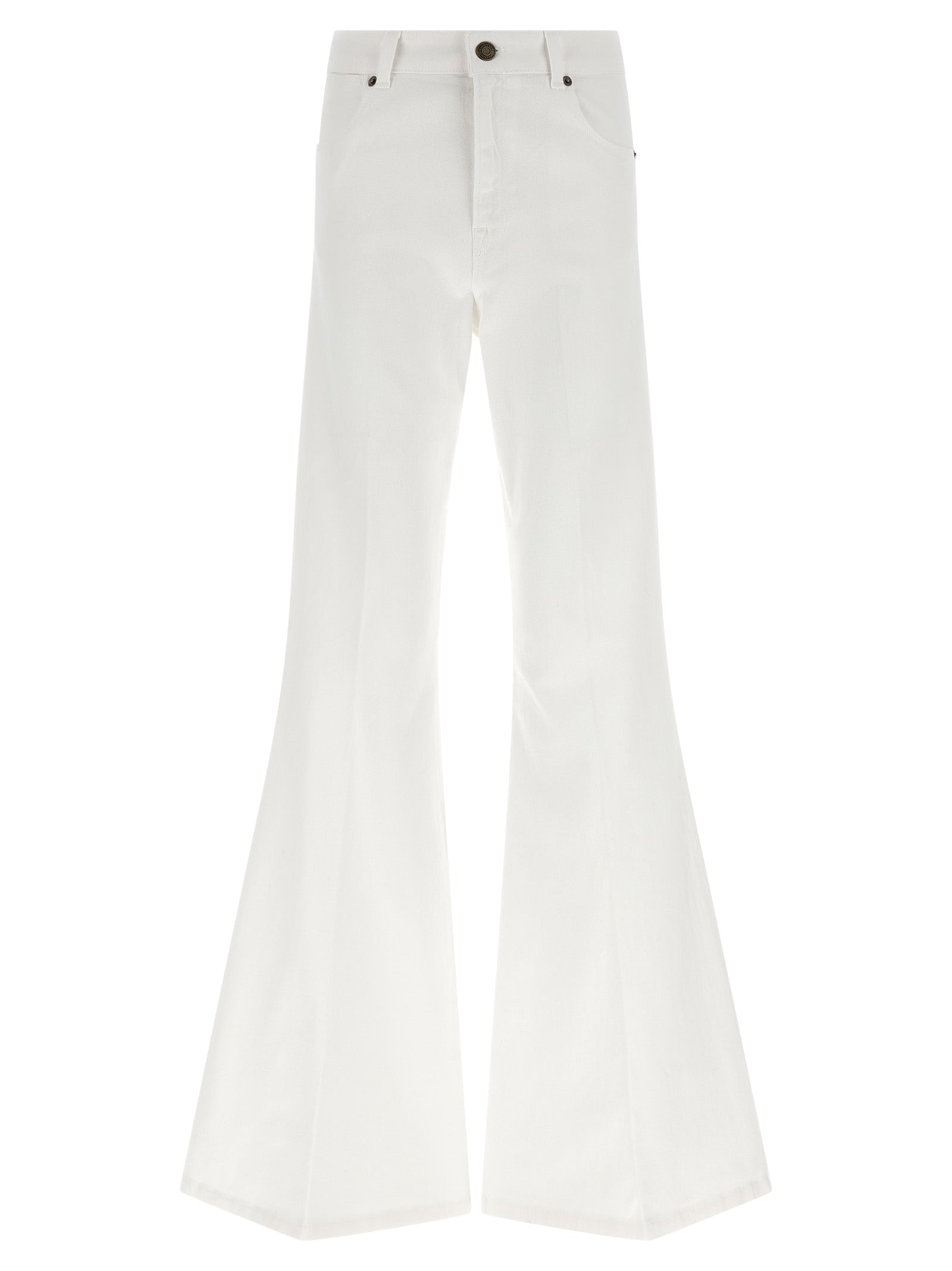 Jeans by Twinset for women in stretch denim cotton white features an sartorial flared and long with a cut for a sartorial finish.