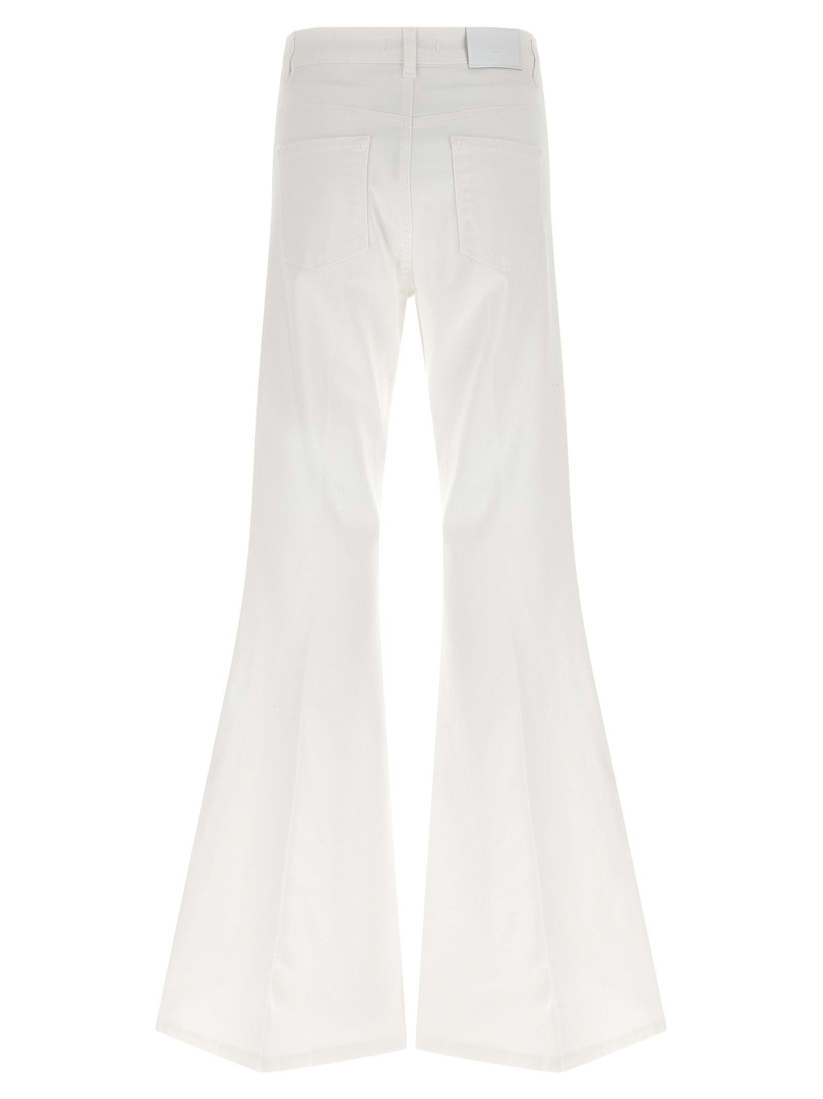 Jeans by Twinset for women in stretch denim cotton white presents a refined pantology silhouette, artfully defined by a refined pantology flared, long, and a sophisticated .