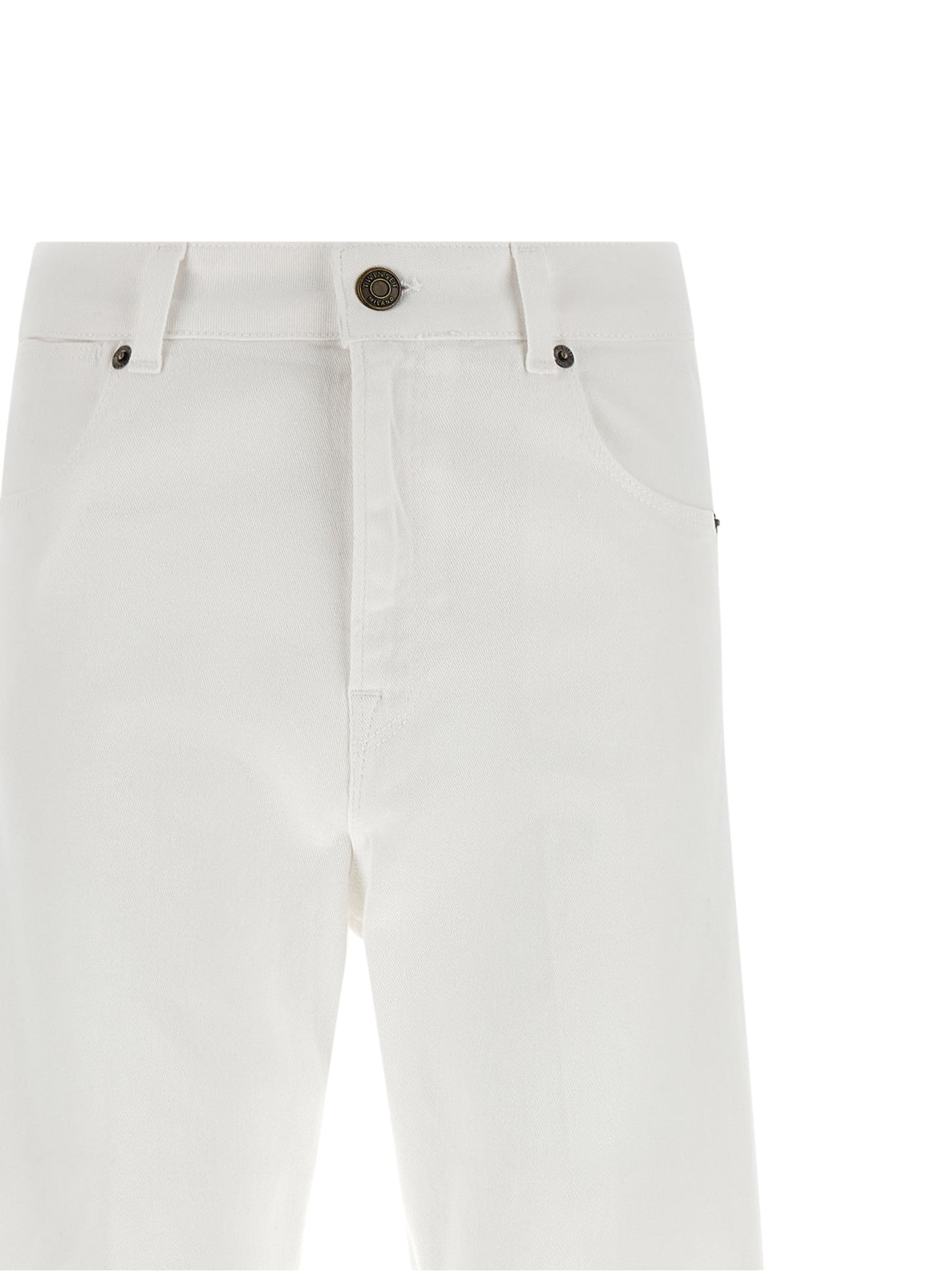 Jeans by Twinset for women in stretch denim cotton white features a polished silhouette with a polished flared, reaching a polished long and finished with a polished .