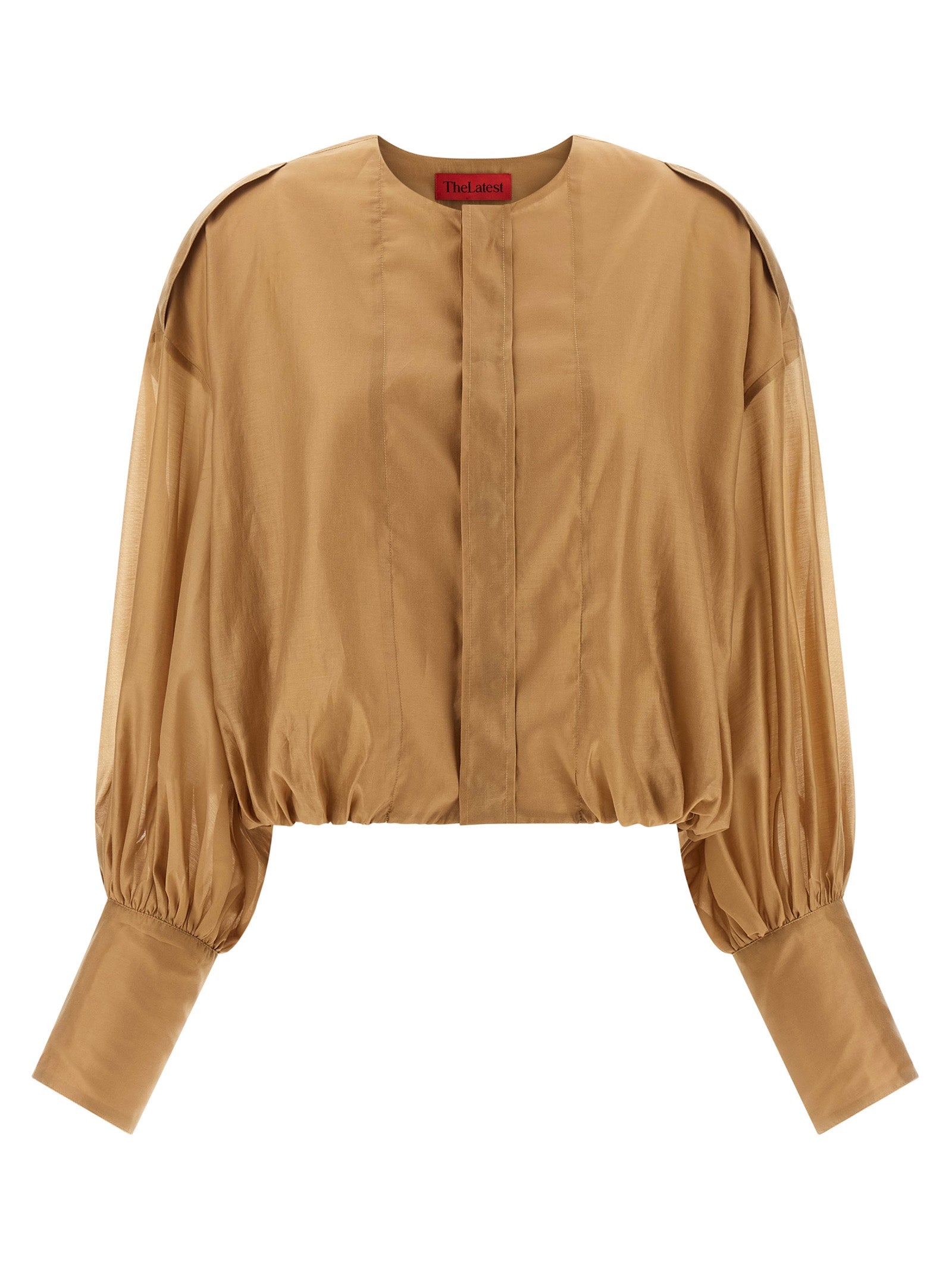 Blouse by THELATEST for women in polyester & lyocell beige features an architectural silhouette with a refined and elegant crew neckline for a architectural look.