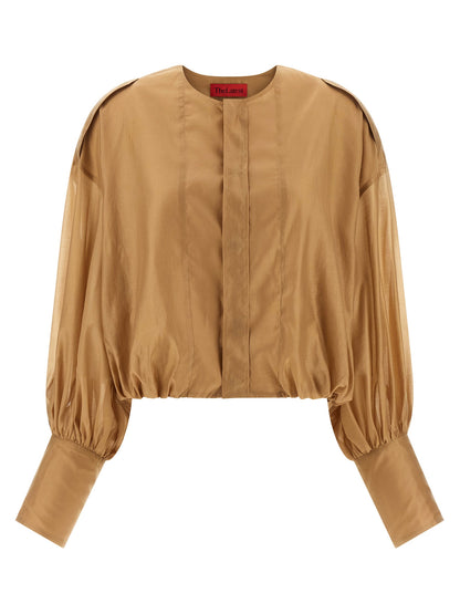 Blouse by THELATEST for women in polyester & lyocell beige features an architectural silhouette with a refined and elegant crew neckline for a architectural look.