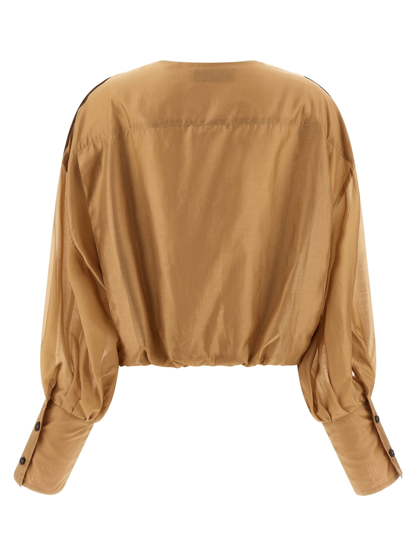 Blouse by THELATEST for women in polyester & lyocell beige showcases a sharp silhouette, elegantly detailed with a sharp crew neckline and sharp .