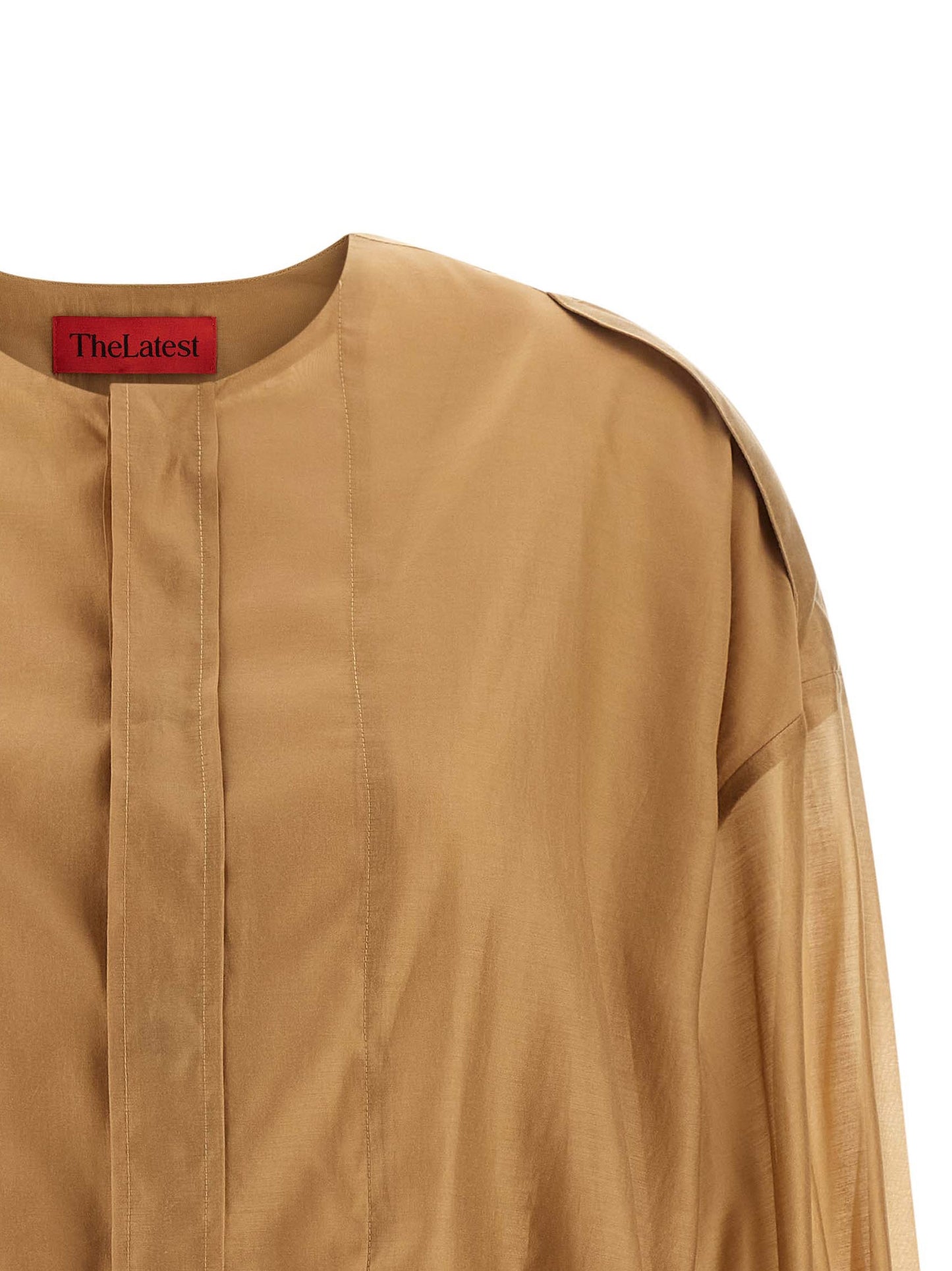 Blouse by THELATEST for women in polyester & lyocell beige, featuring a nuanced and nuanced crew neckline for a sophisticated finish.