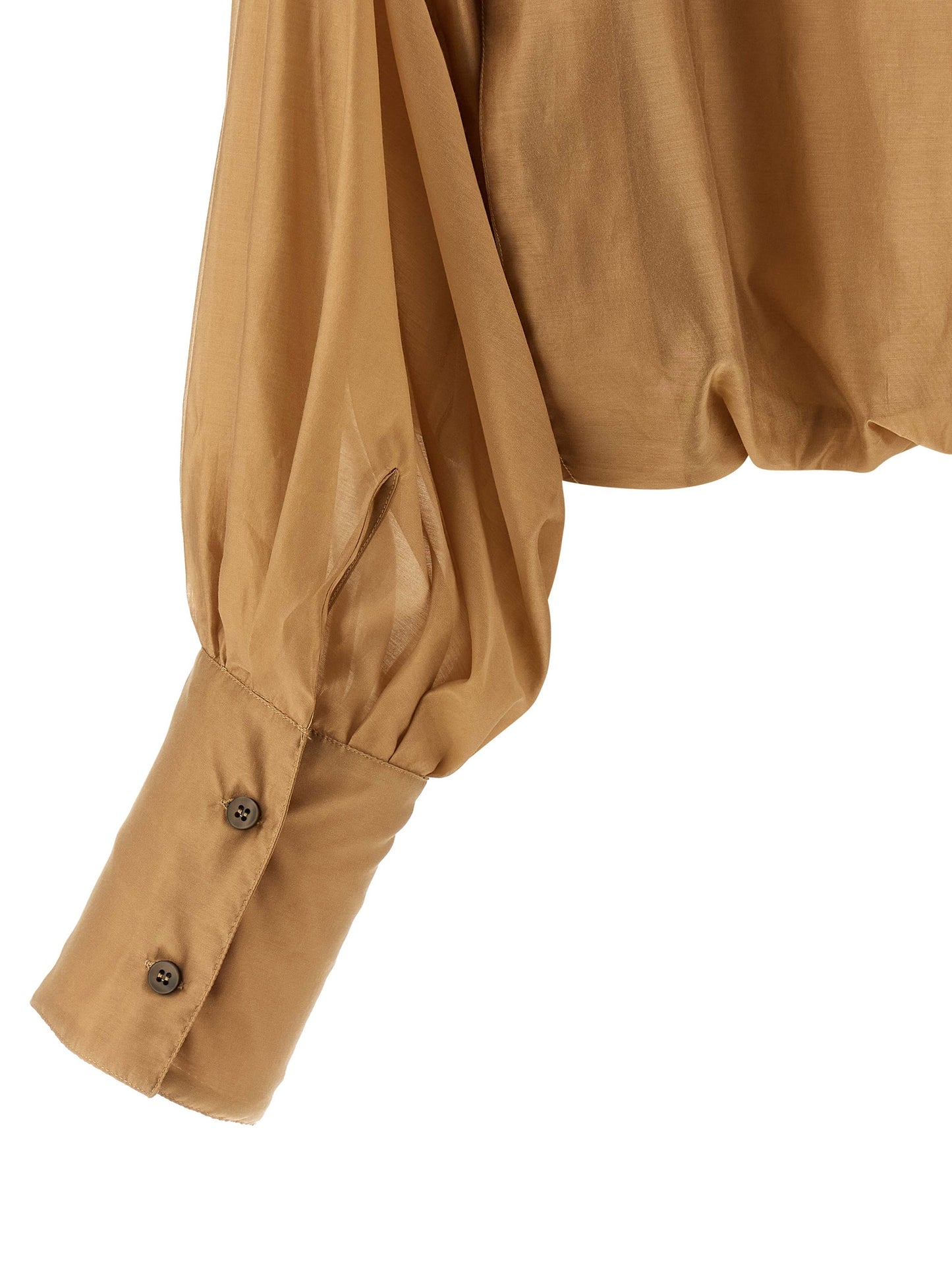 Blouse by THELATEST for women in polyester & lyocell beige presents a discerning silhouette, showcasing a sophisticated and for a truly discerning finish.