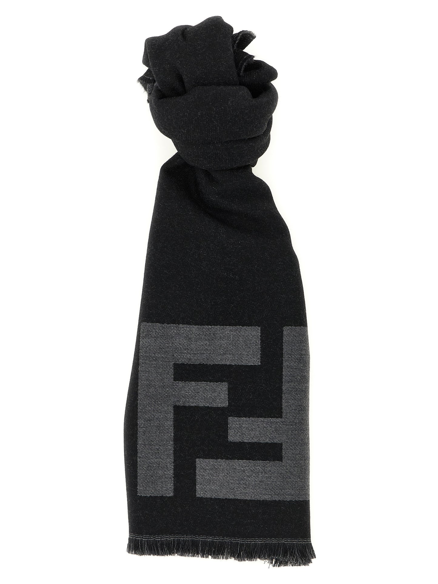 Fendi Virgin Wool Scarf - Black Patterned Jacquard