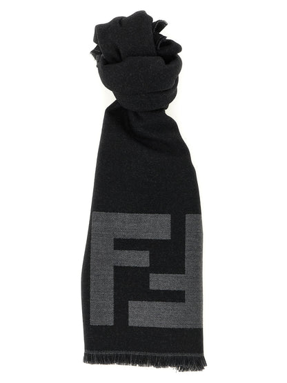 Fendi Virgin Wool Scarf - Black Patterned Jacquard