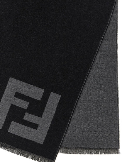 Fendi Virgin Wool Scarf - Black Patterned Jacquard