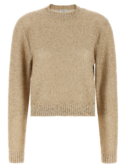 Cardigan by Brunello Cucinelli for women in silk cashmere & linen gold presents a textural silhouette, artfully finished with a textural crew neckline and for a sophisticated, textural look.