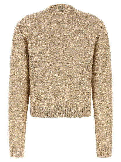 Cardigan by Brunello Cucinelli for women in silk cashmere & linen gold showcases a luxurious silhouette, meticulously detailed with a sophisticated crew neckline and for a refined finish.