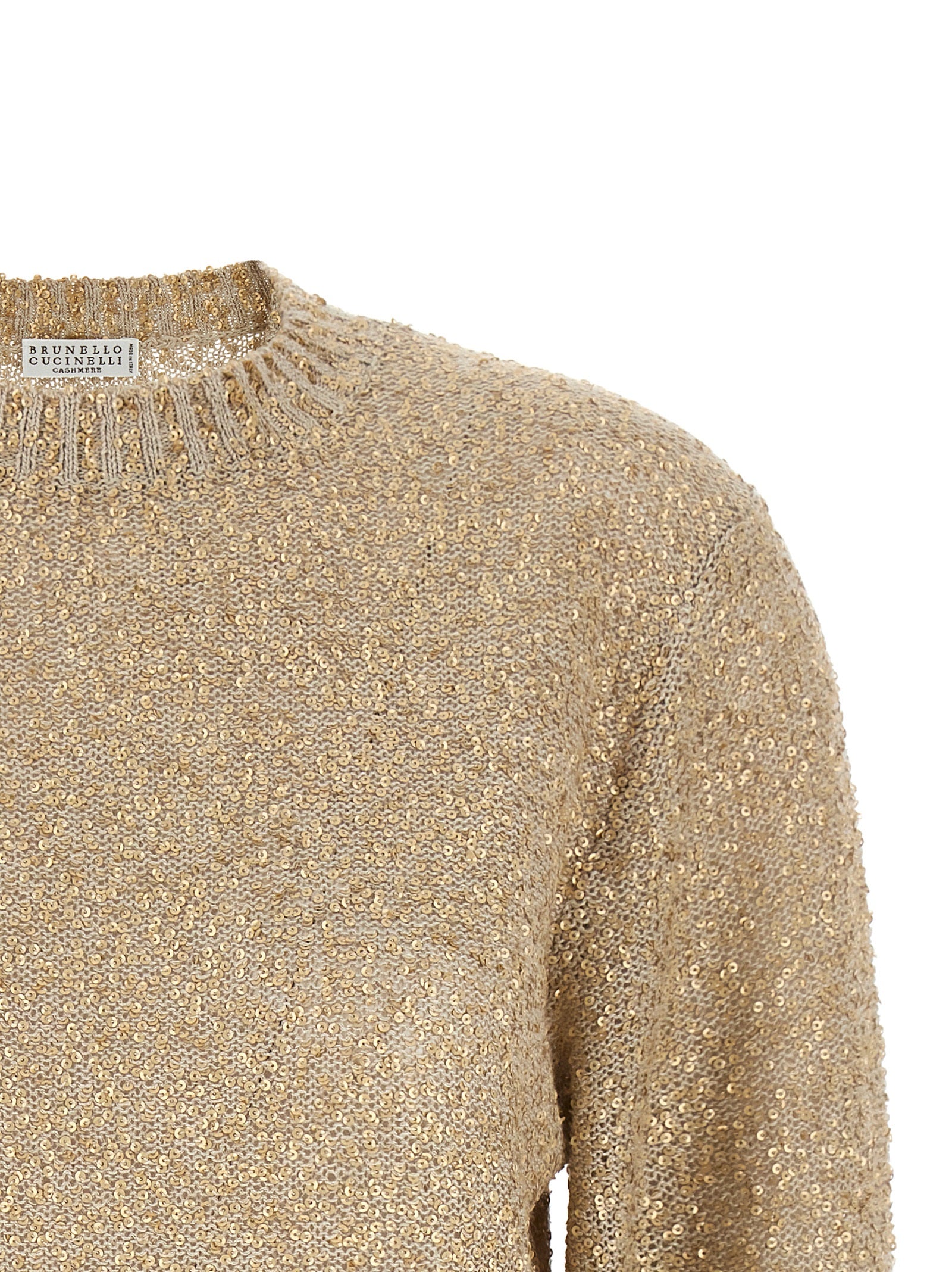 Cardigan by Brunello Cucinelli for women in silk cashmere & linen gold features a dramatic silhouette, showcasing a sophisticated crew neckline and dramatic detail for a timeless, premium look.