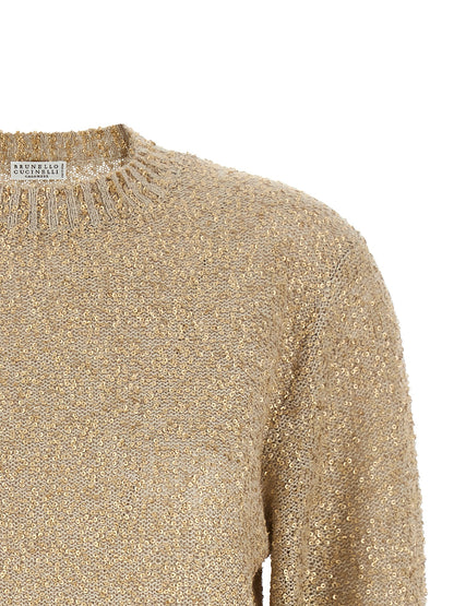 Cardigan by Brunello Cucinelli for women in silk cashmere & linen gold features a dramatic silhouette, showcasing a sophisticated crew neckline and dramatic detail for a timeless, premium look.