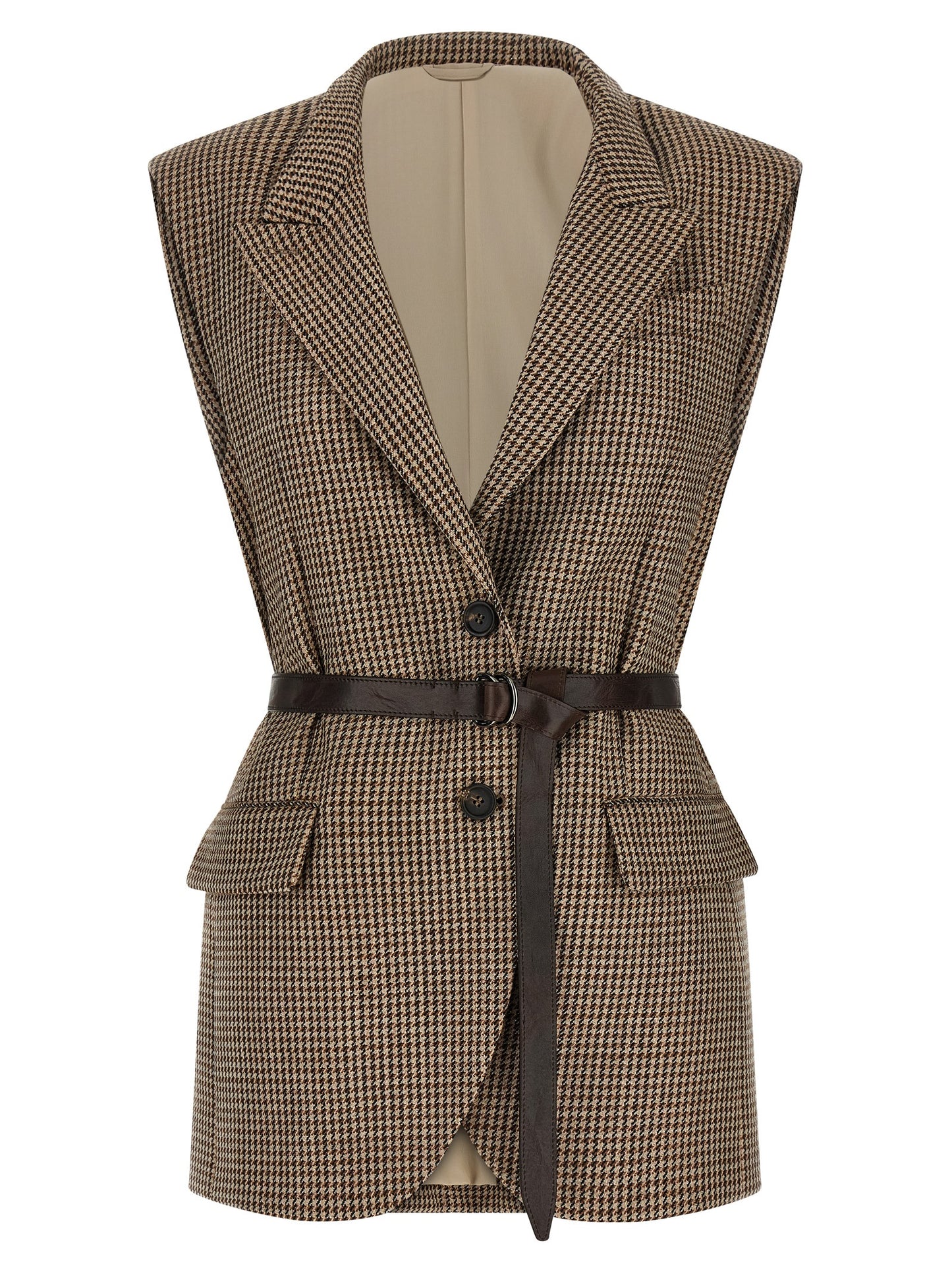 Vest by Brunello Cucinelli for women in polyamide leather & virgin wool beige & houndstooth showcases a utilitarian silhouette, artfully incorporating and a utilitarian for a truly utilitarian finish.