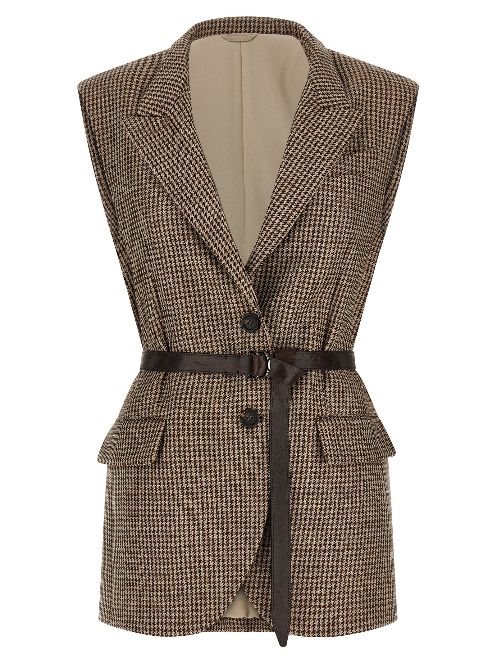 Vest by Brunello Cucinelli for women in polyamide leather & virgin wool beige & houndstooth showcases a utilitarian silhouette, artfully incorporating and a utilitarian for a truly utilitarian finish.