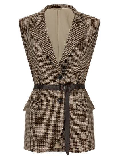 Vest by Brunello Cucinelli for women in polyamide leather & virgin wool beige & houndstooth showcases a utilitarian silhouette, artfully incorporating and a utilitarian for a truly utilitarian finish.
