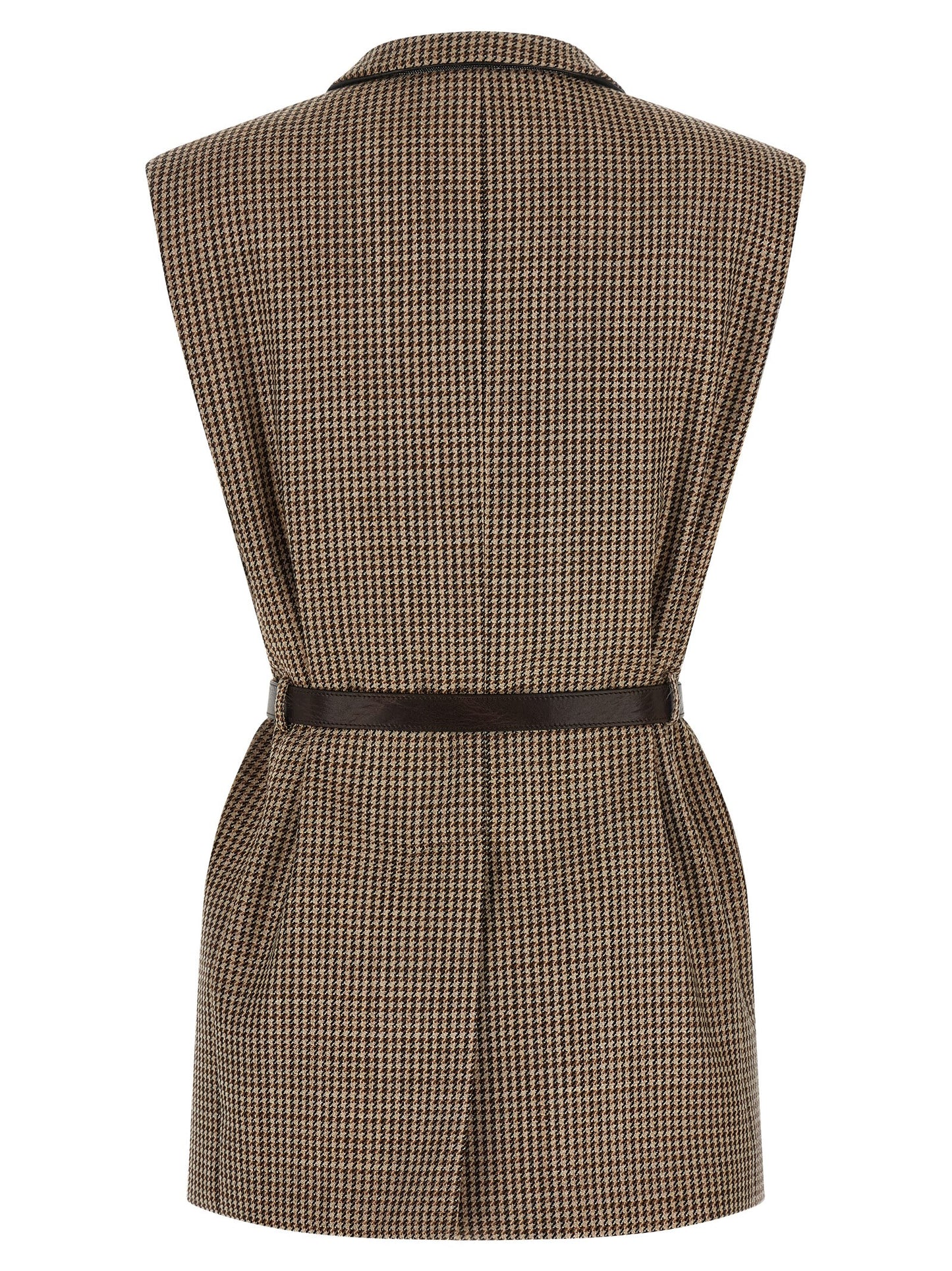 Vest by Brunello Cucinelli for women in polyamide leather & virgin wool beige & houndstooth showcases a dynamic silhouette, perfectly balancing with a dynamic for a sophisticated, high-fashion look.