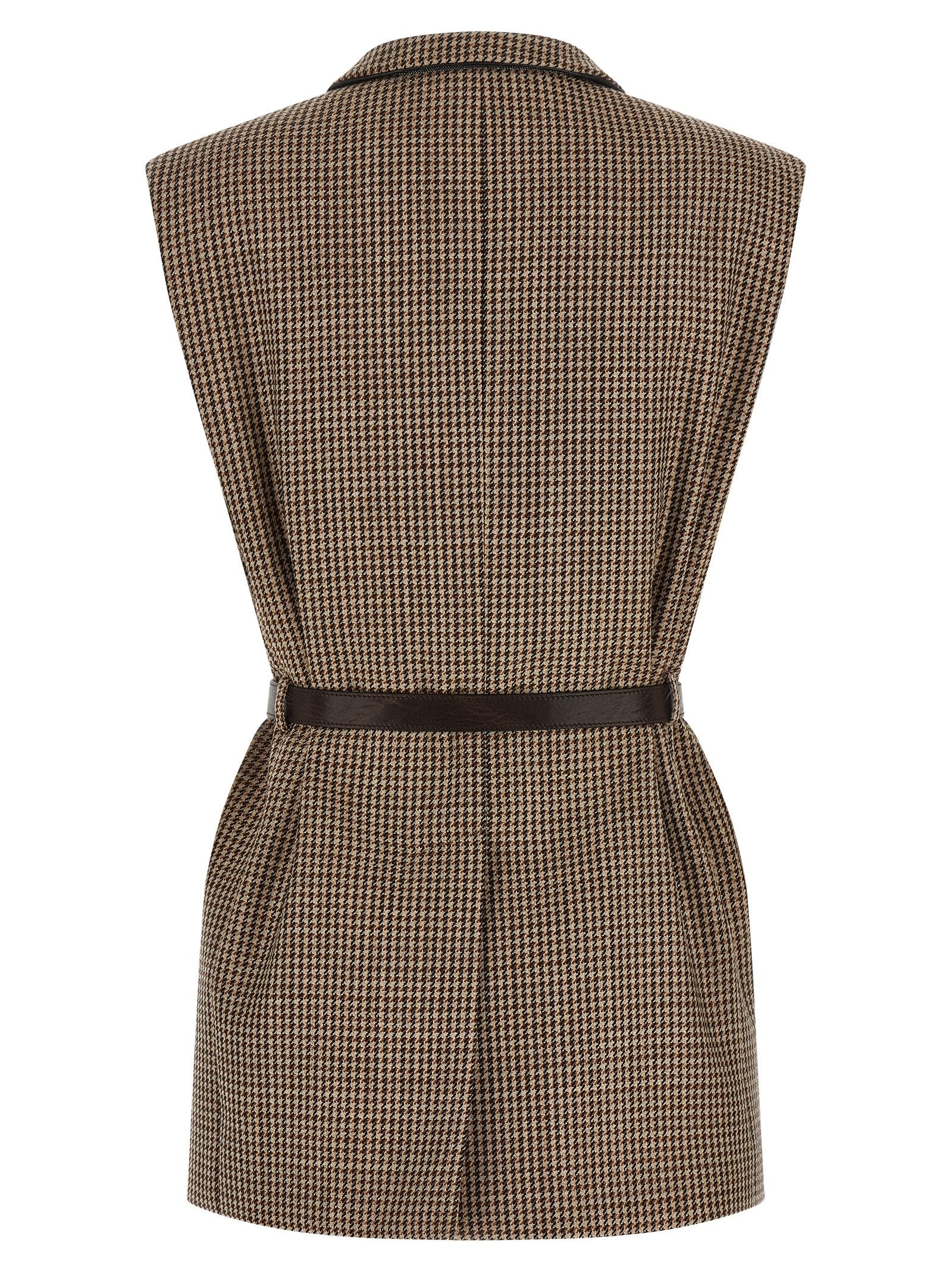 Vest by Brunello Cucinelli for women in polyamide leather & virgin wool beige & houndstooth showcases a dynamic silhouette, perfectly balancing with a dynamic for a sophisticated, high-fashion look.