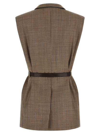 Vest by Brunello Cucinelli for women in polyamide leather & virgin wool beige & houndstooth showcases a dynamic silhouette, perfectly balancing with a dynamic for a sophisticated, high-fashion look.