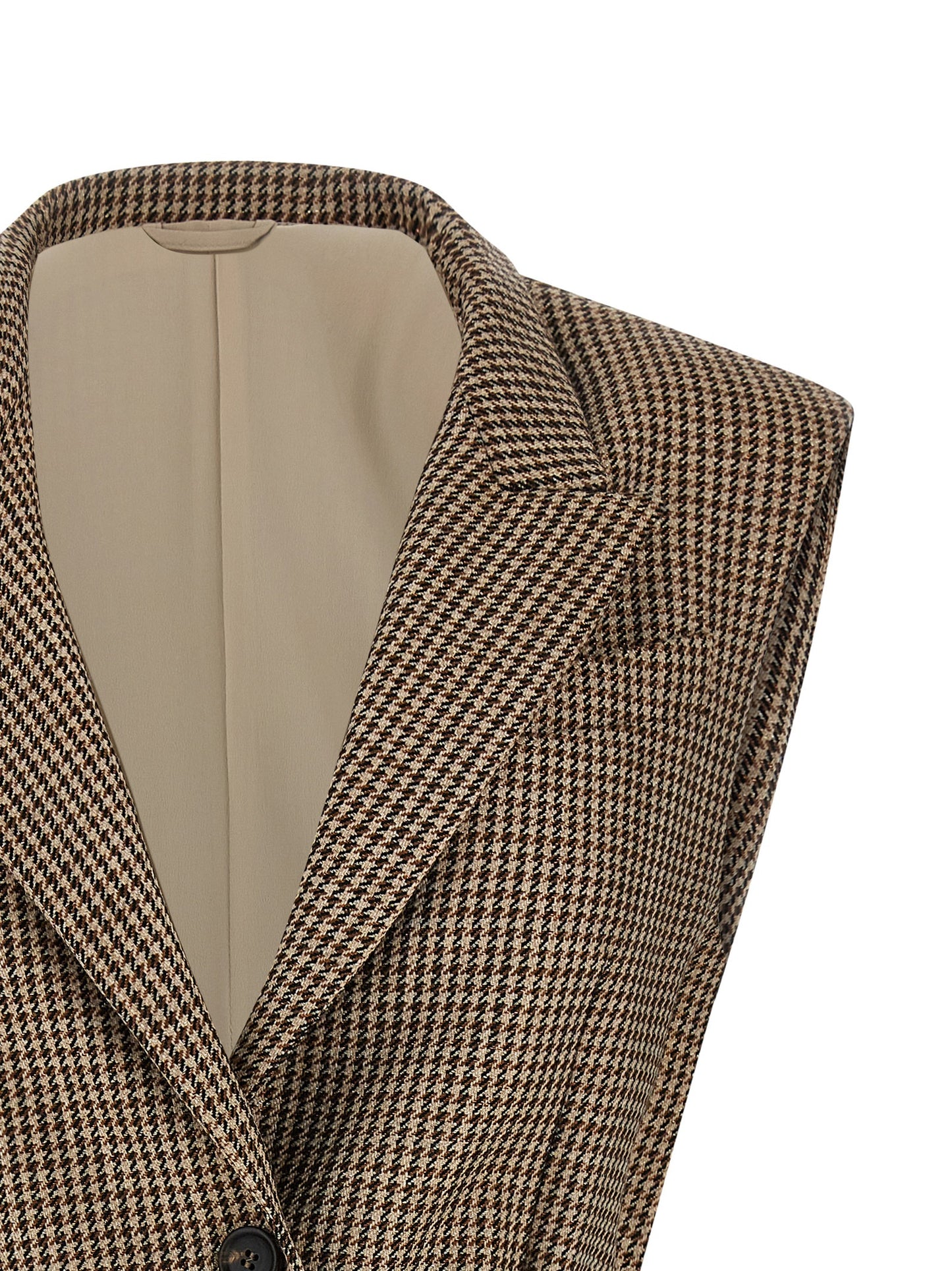 Vest by Brunello Cucinelli for women in polyamide leather & virgin wool beige & houndstooth features a chic silhouette, expertly detailed with a refined and premium for a truly chic look.