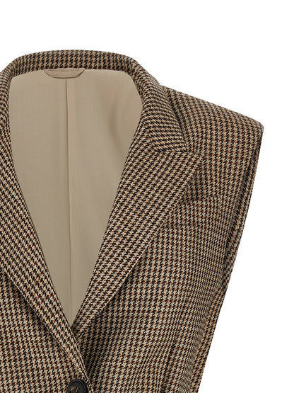 Vest by Brunello Cucinelli for women in polyamide leather & virgin wool beige & houndstooth features a chic silhouette, expertly detailed with a refined and premium for a truly chic look.
