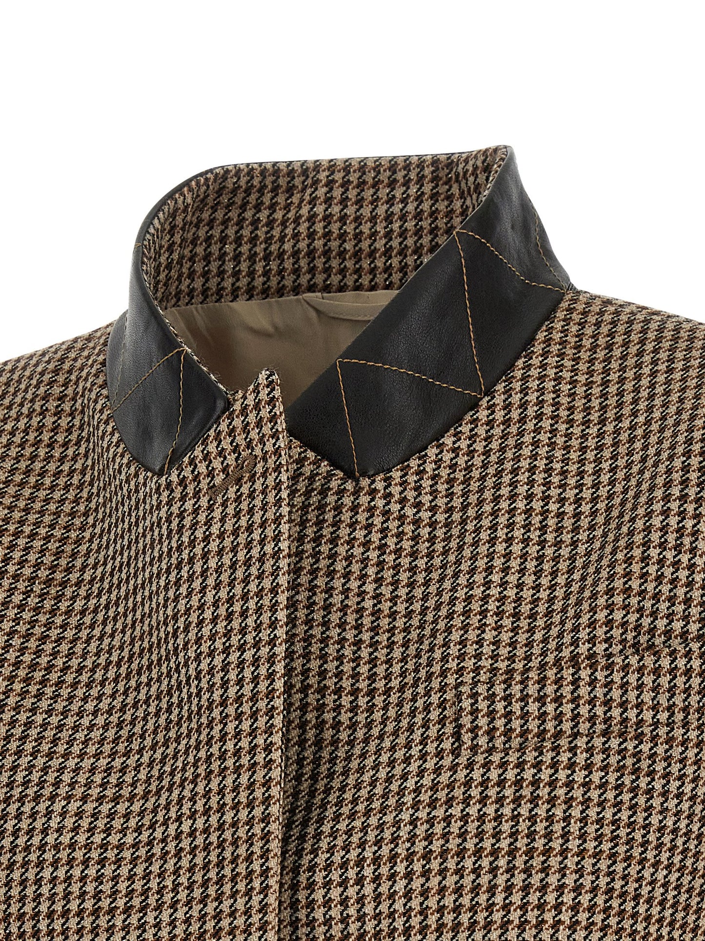 Vest by Brunello Cucinelli for women in polyamide leather & virgin wool beige & houndstooth features an contemporary silhouette, showcasing refined and a contemporary for a sophisticated layered look.