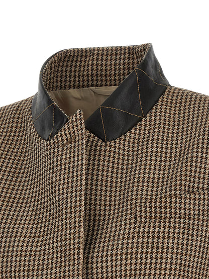 Vest by Brunello Cucinelli for women in polyamide leather & virgin wool beige & houndstooth features an contemporary silhouette, showcasing refined and a contemporary for a sophisticated layered look.