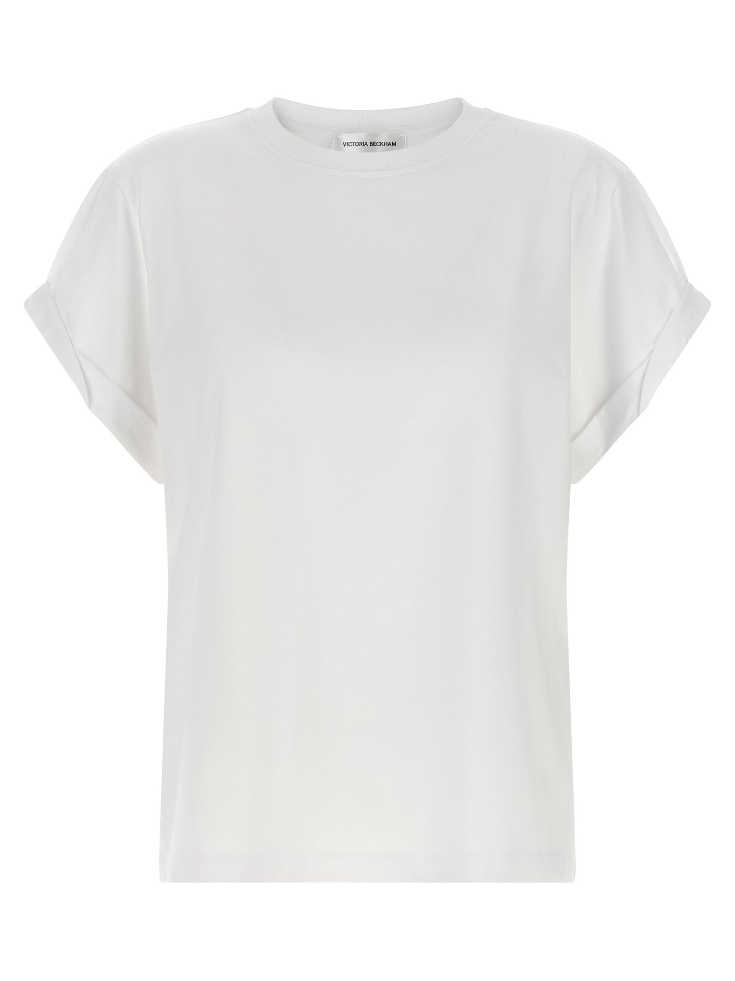 T-Shirt by Victoria Beckham for women in cotton black, white, signature & monogram showcases a fashionable silhouette, elegantly detailed with a fashionable and crew neckline for a sophisticated, high-fashion look.
