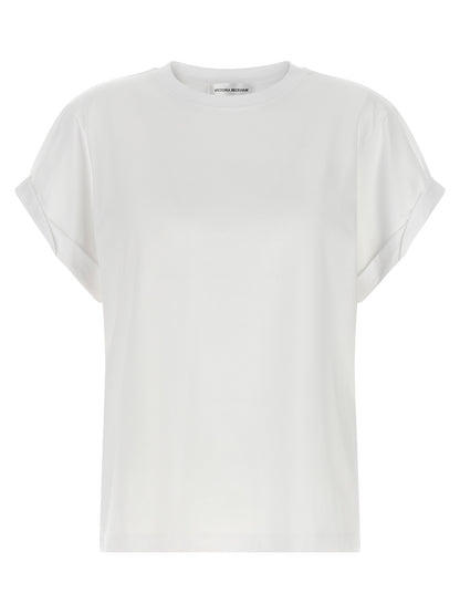 T-Shirt by Victoria Beckham for women in cotton black, white, signature & monogram showcases a fashionable silhouette, elegantly detailed with a fashionable and crew neckline for a sophisticated, high-fashion look.