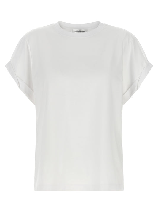 T-Shirt by Victoria Beckham for women in cotton black, white, signature & monogram showcases a fashionable silhouette, elegantly detailed with a fashionable and crew neckline for a sophisticated, high-fashion look.