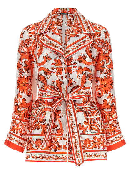 Dolce & Gabbana Essence Maiolica Women's Silk Satin Blouse - Orange Pearl Print