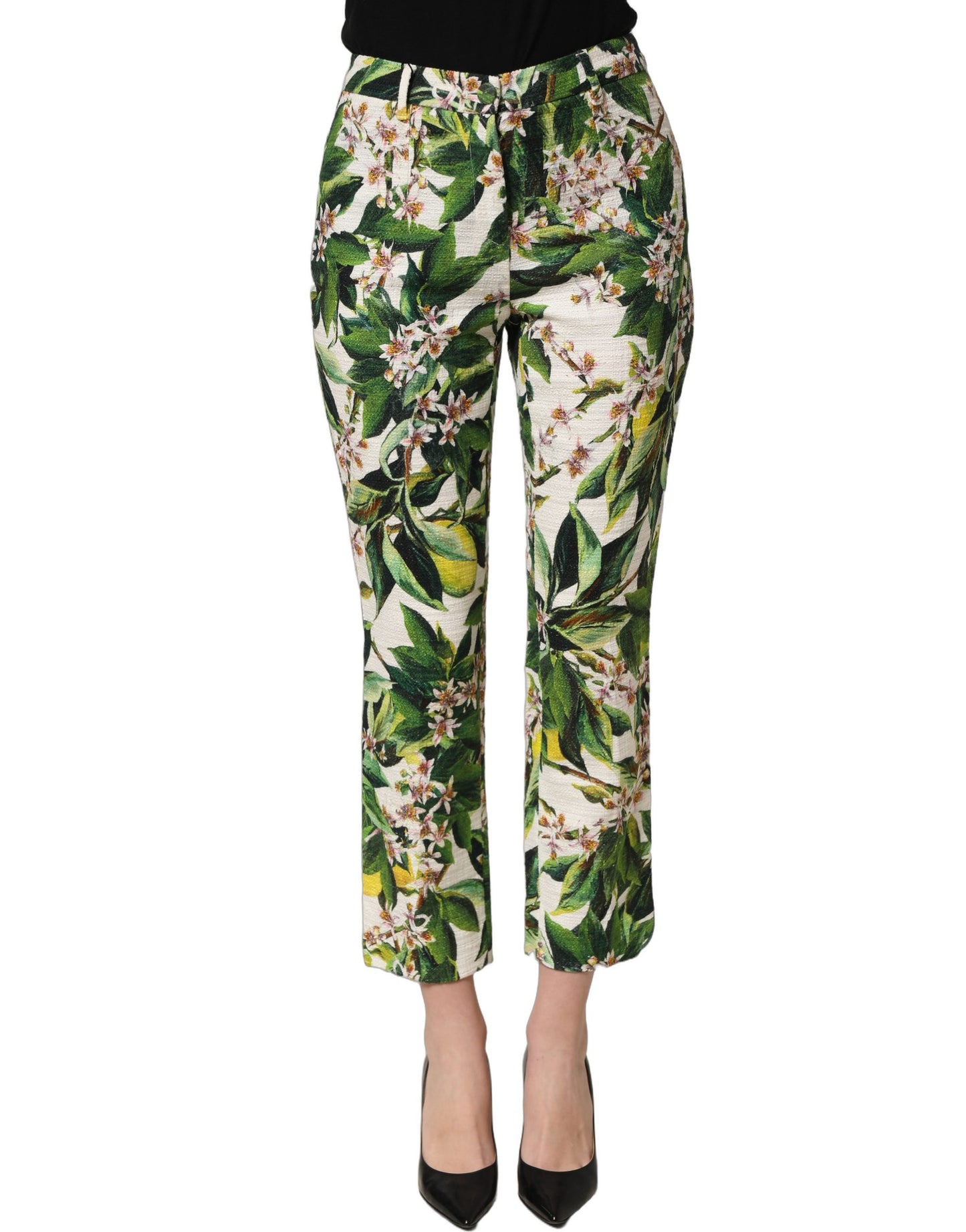 Dolce & Gabbana White Floral Print Cropped Straight Pants