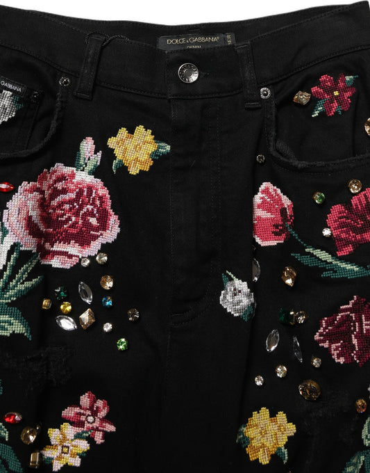 Dolce & Gabbana Black Floral Cotton High Waist Tapered Pants