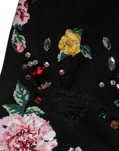 Dolce & Gabbana Black Floral Cotton High Waist Tapered Pants