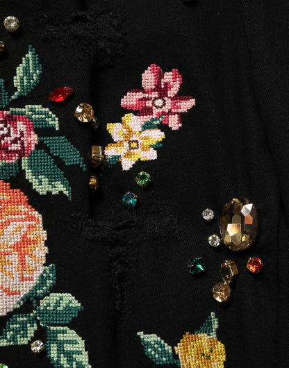 Dolce & Gabbana Black Floral Cotton High Waist Tapered Pants