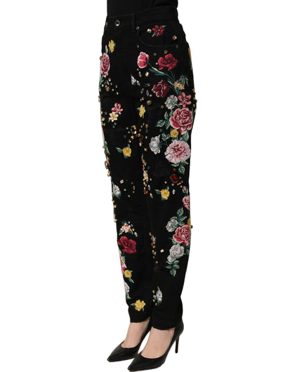 Dolce & Gabbana Black Floral Cotton High Waist Tapered Pants