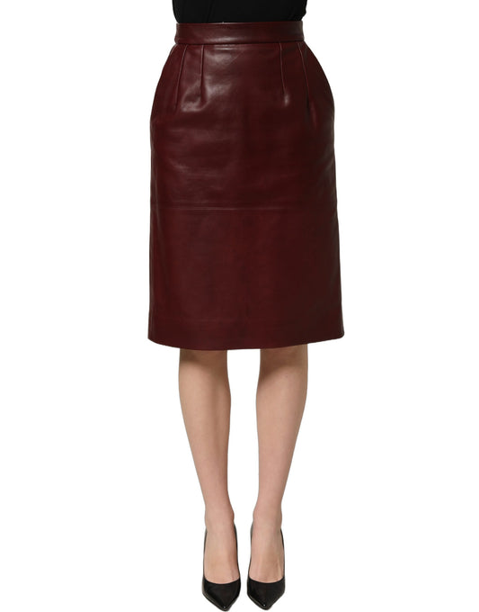 Dolce & Gabbana Burgundy Leather High Waist Pencil Midi Skirt