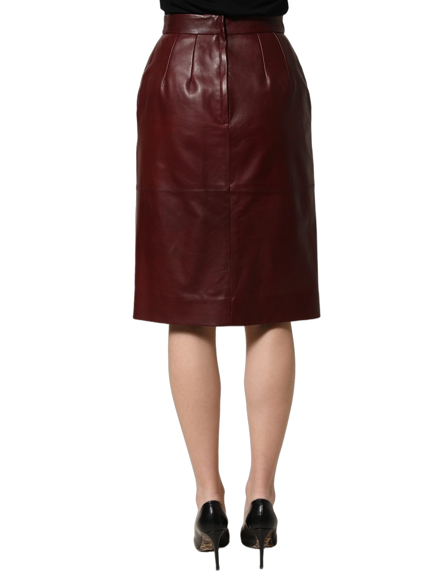 Dolce & Gabbana Burgundy Leather High Waist Pencil Midi Skirt