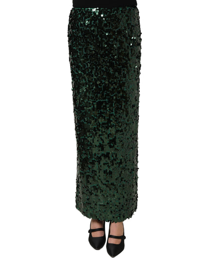 Dolce & Gabbana Green Sequin High Waist Pencil Cut Midi Skirt