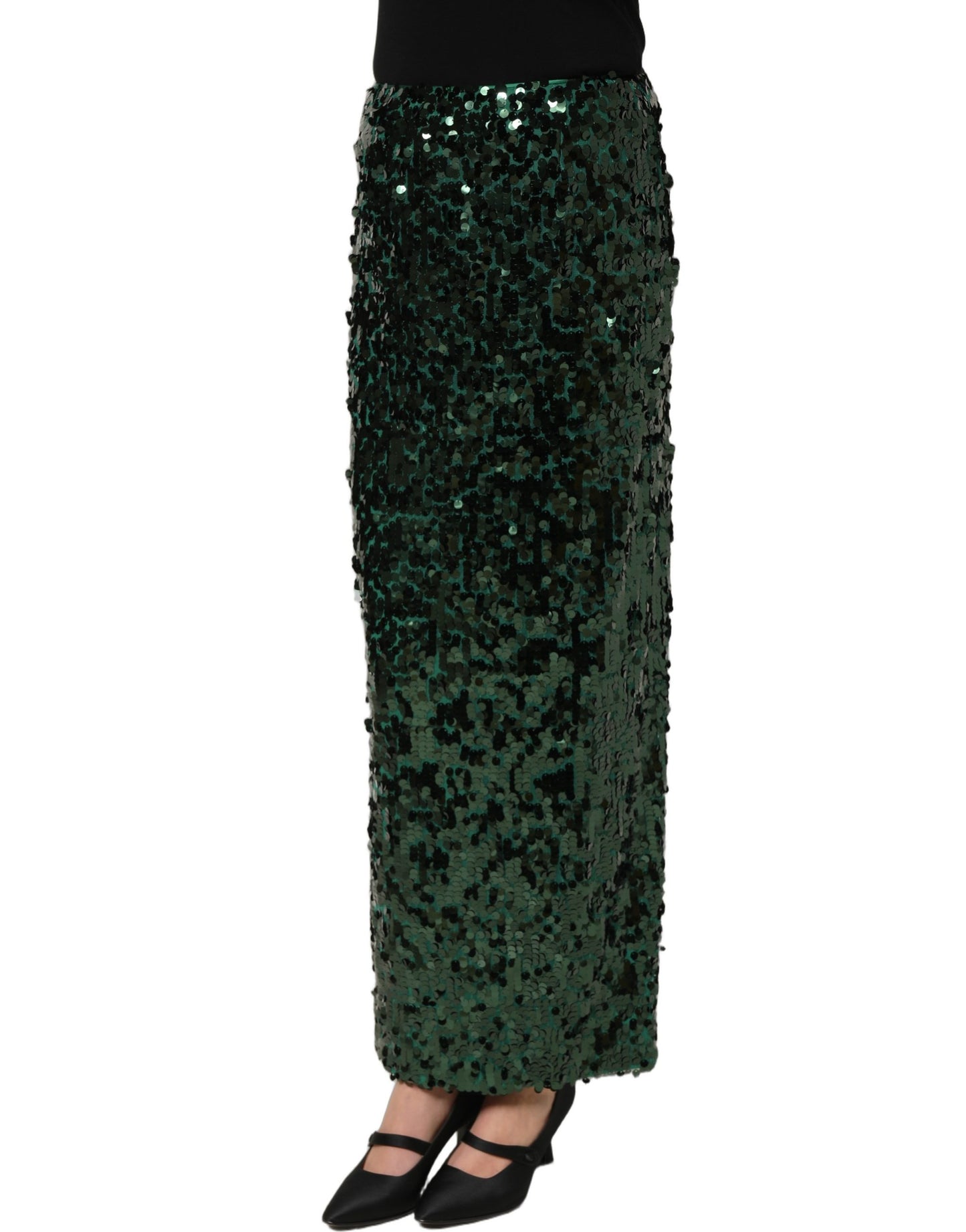 Dolce & Gabbana Green Sequin High Waist Pencil Cut Midi Skirt