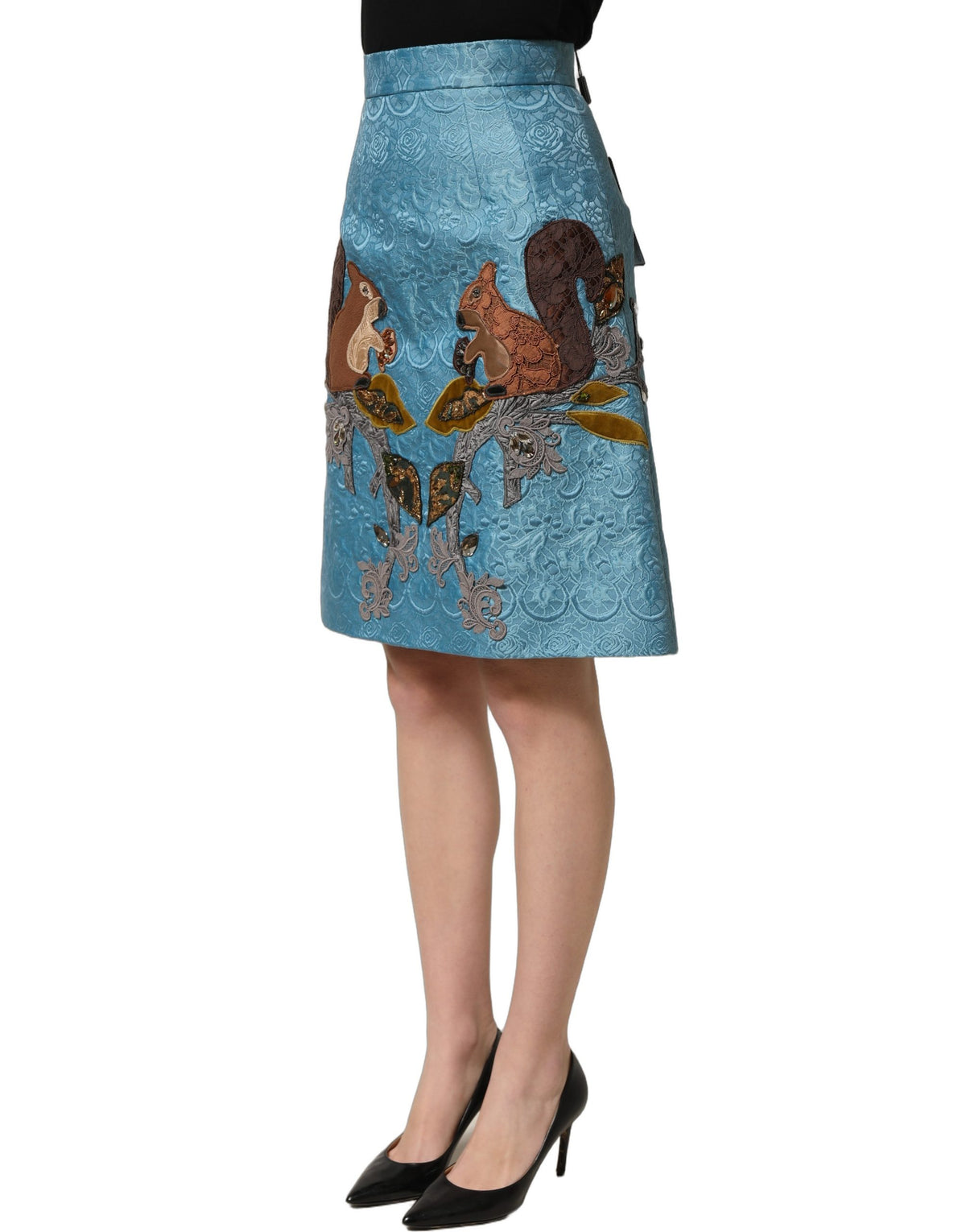Dolce & Gabbana Sicily Women's Wrap A Line High Rise Silk Cotton Polyester & Squirrel Fur Midi Mini Skirt - Blue Jacquard