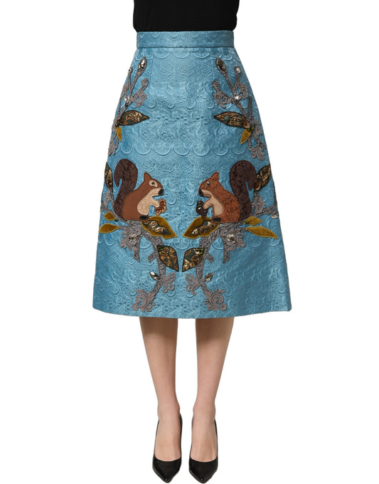 Dolce & Gabbana Sicily Women's A Line High Rise Silk Cotton Polyester & Squirrel Fur Midi Skirt - Blue Jacquard