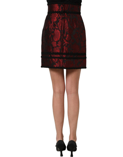 Dolce & Gabbana Red Black Floral Lace Jacquard Mini Skirt