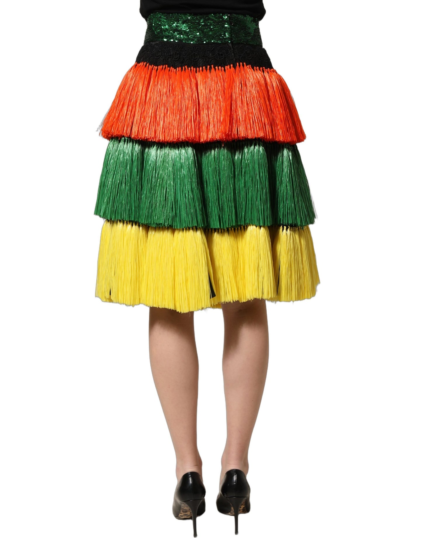 Dolce & Gabbana Multicolor Fringe Sequin High Waist Knee Length Skirt
