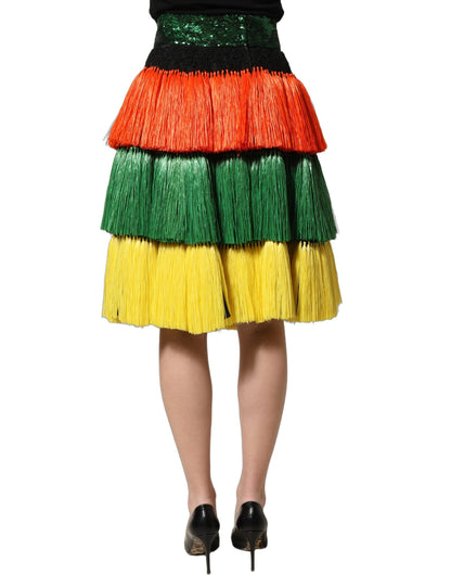 Dolce & Gabbana Multicolor Fringe Sequin High Waist Knee Length Skirt