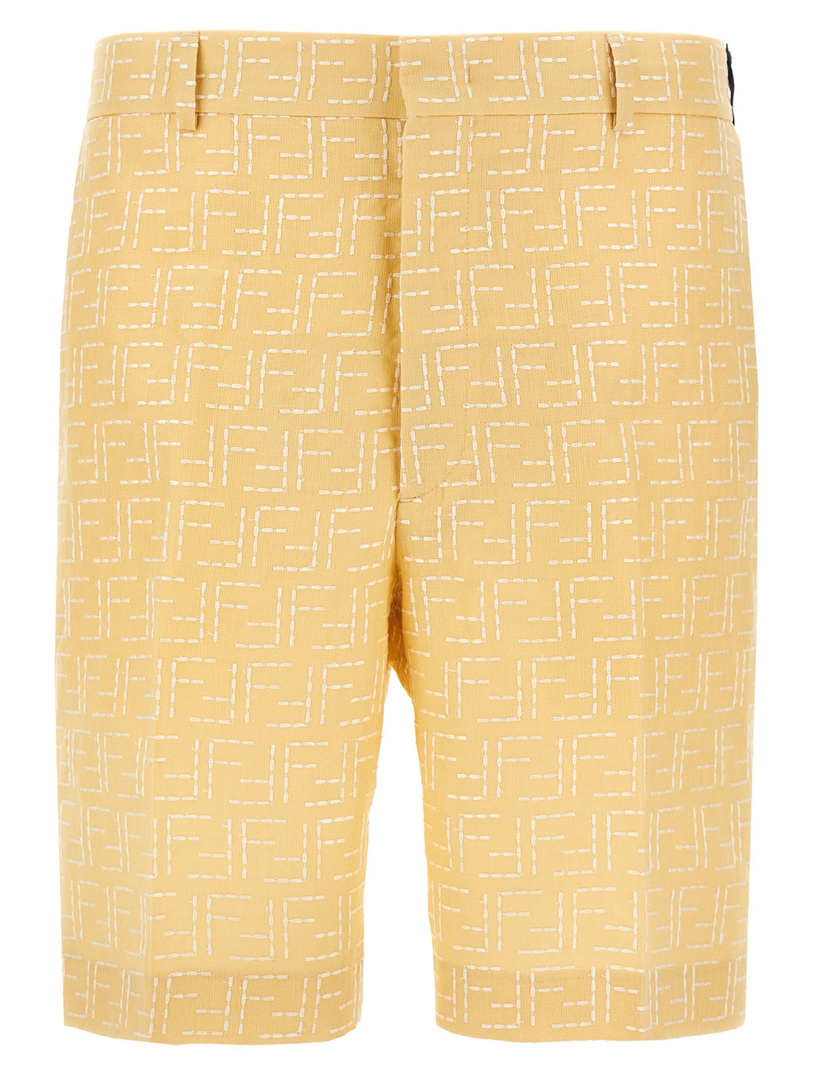 Bermuda Shorts by Fendi for men in linen & cotton bicolour, yellow & jacquard features an nuanced silhouette, showcasing a nuanced straight with a short cut and for a sophisticated, premium finish.