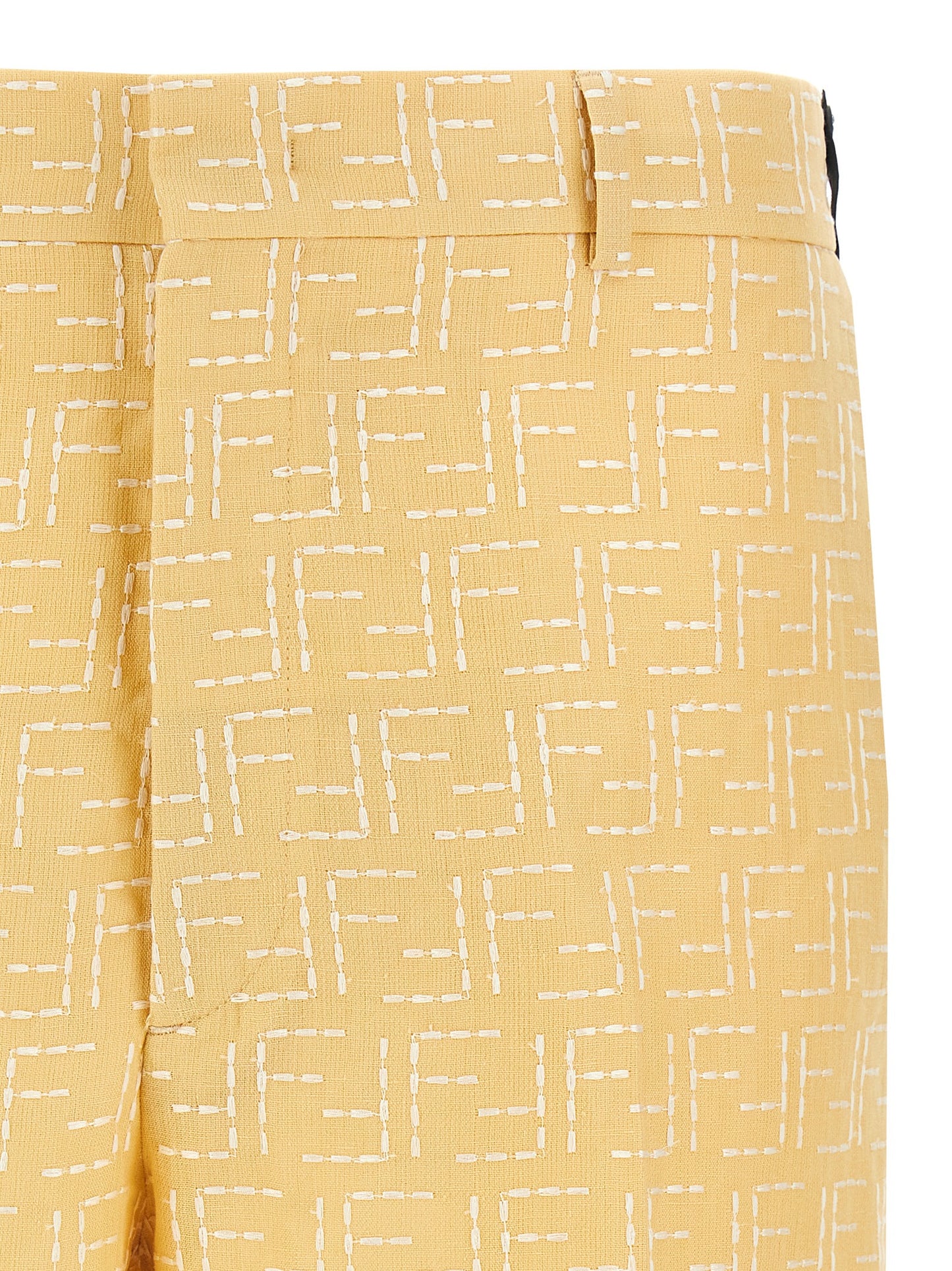 Bermuda Shorts by Fendi for men in linen & cotton bicolour, yellow & jacquard features an tailored silhouette, showcasing a tailored straight with a short and for a sophisticated look.