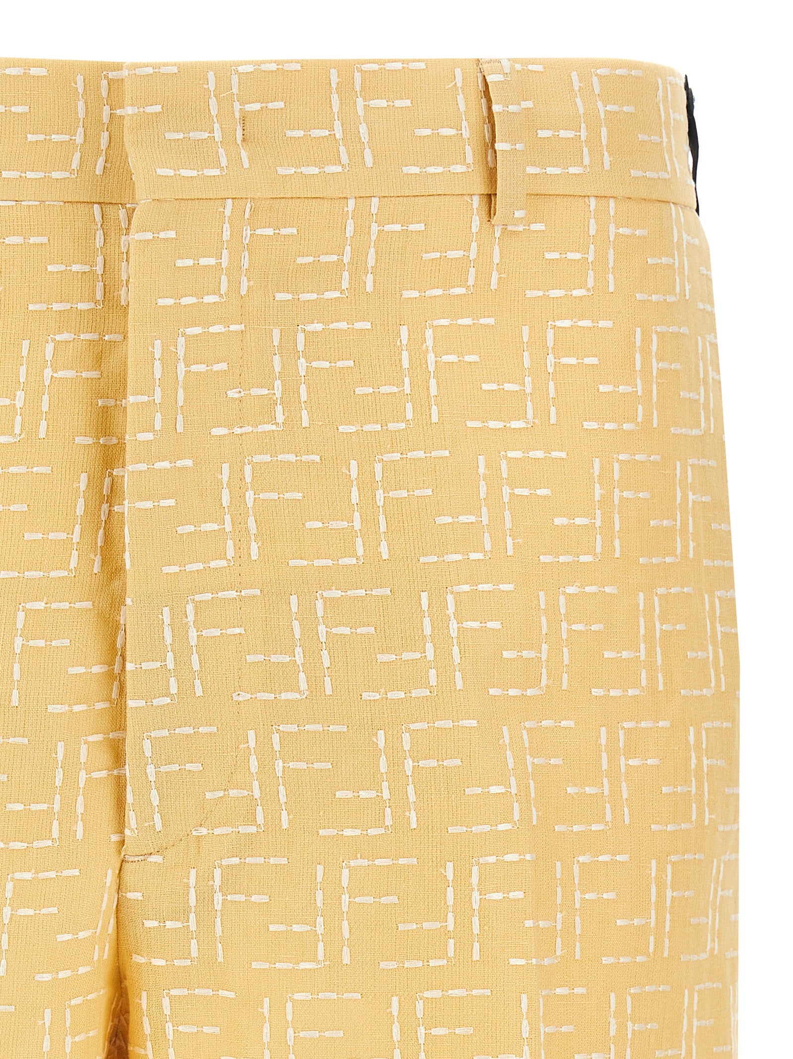 Bermuda Shorts by Fendi for men in linen & cotton bicolour, yellow & jacquard features an tailored silhouette, showcasing a tailored straight with a short and for a sophisticated look.