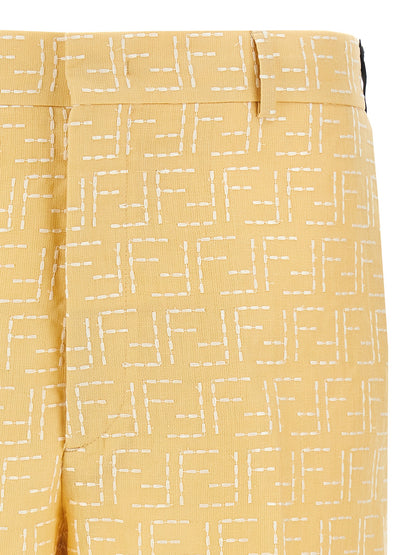 Bermuda Shorts by Fendi for men in linen & cotton bicolour, yellow & jacquard features an tailored silhouette, showcasing a tailored straight with a short and for a sophisticated look.